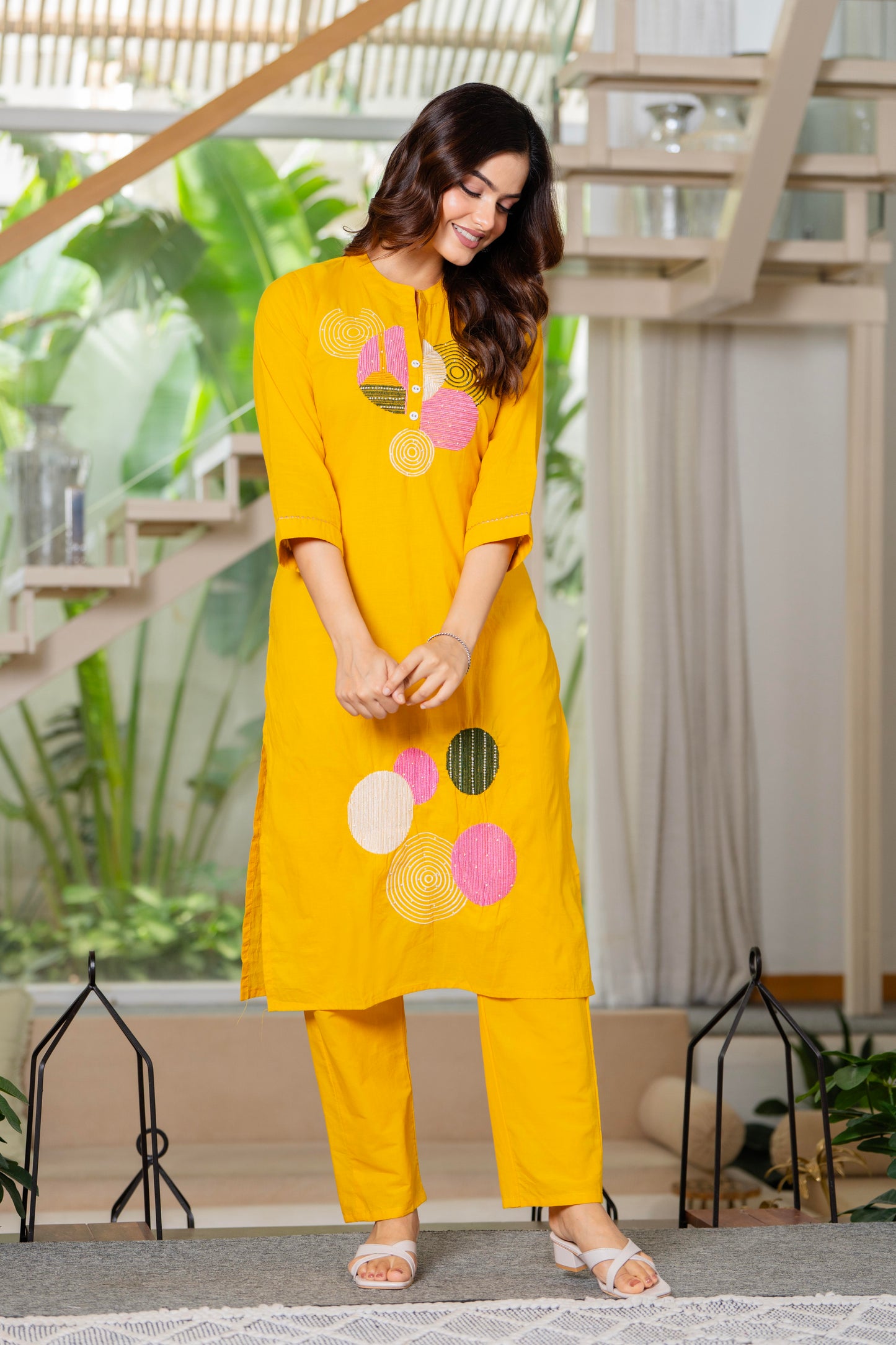 Yellow Embroidered Cotton Kurta and Pant Set