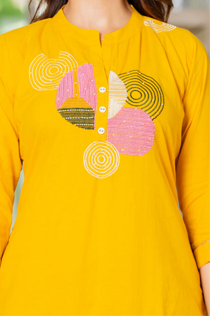 Yellow Embroidered Cotton Kurta and Pant Set