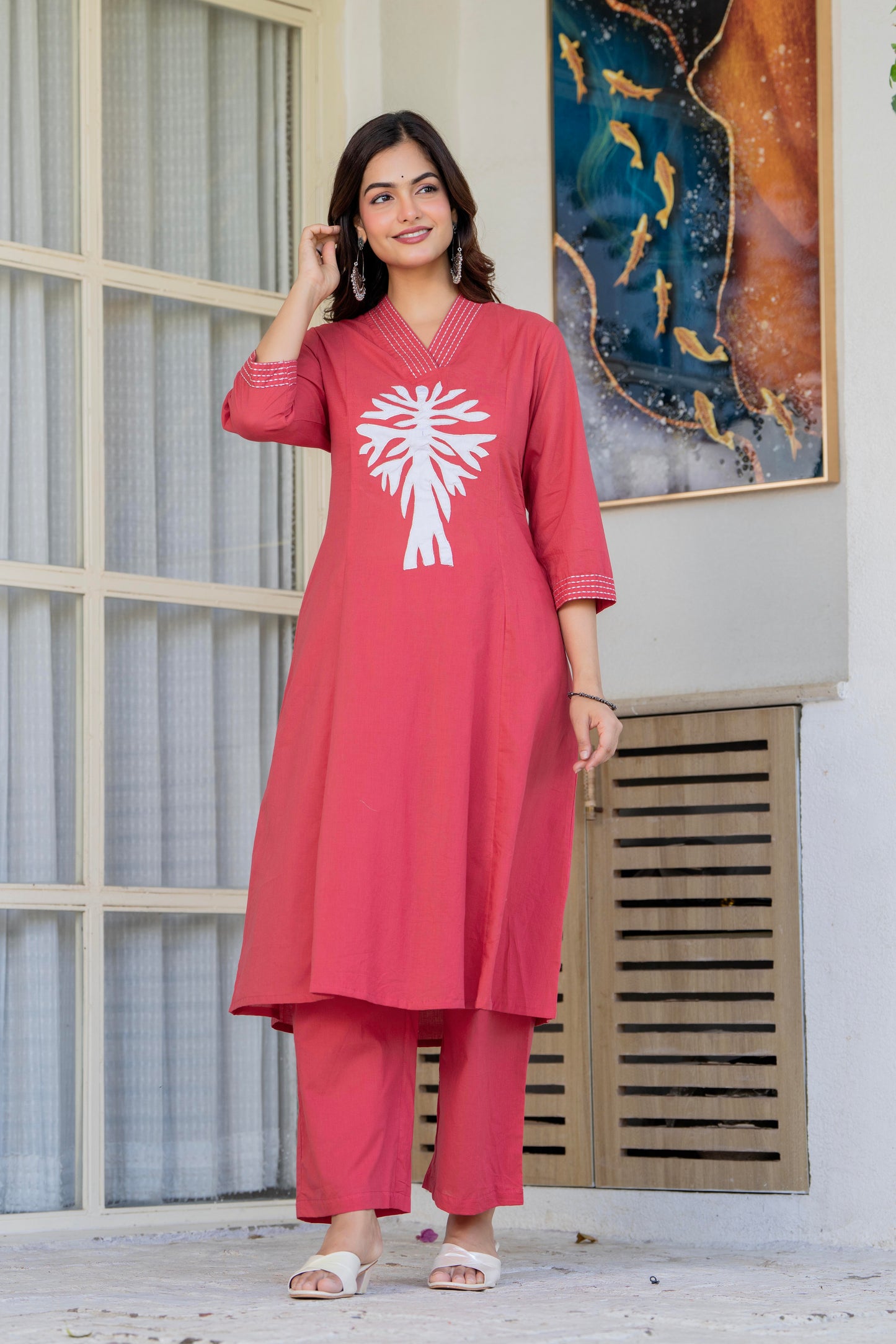 Pastel Red Embroidered Cotton Kurta and Pant Set