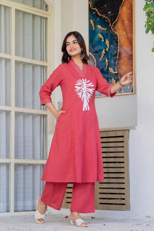 Pastel Red Embroidered Cotton Kurta and Pant Set