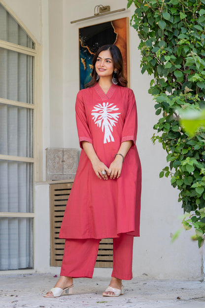 Pastel Red Embroidered Cotton Kurta and Pant Set