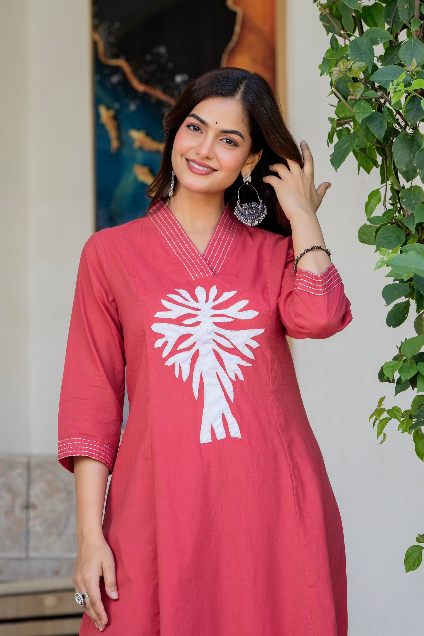 Pastel Red Embroidered Cotton Kurta and Pant Set