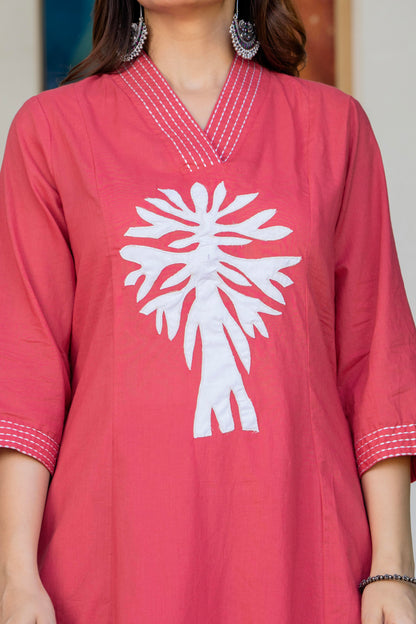 Pastel Red Embroidered Cotton Kurta and Pant Set