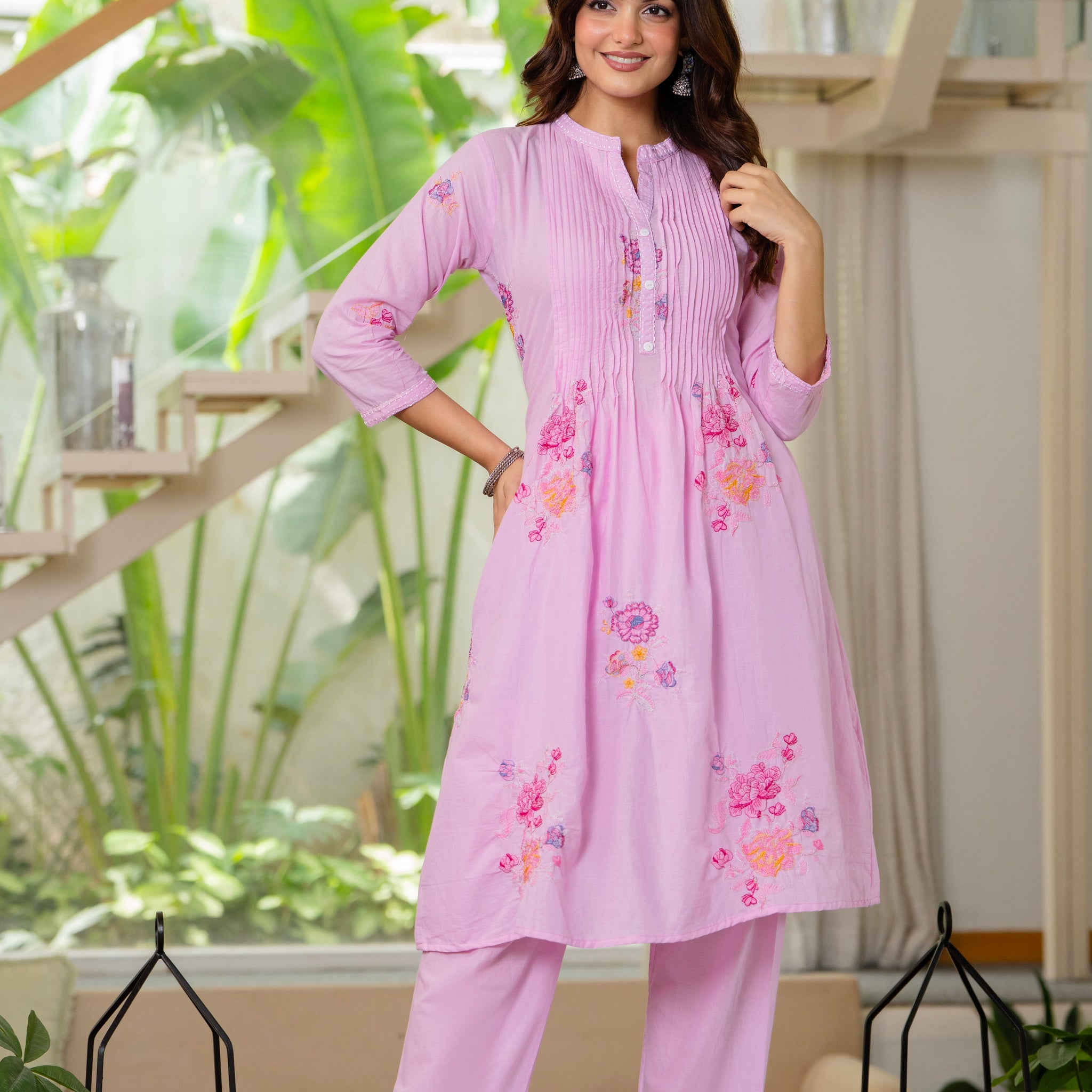 Pink Embroidered Printx Work Cotton Co-Ord Set
