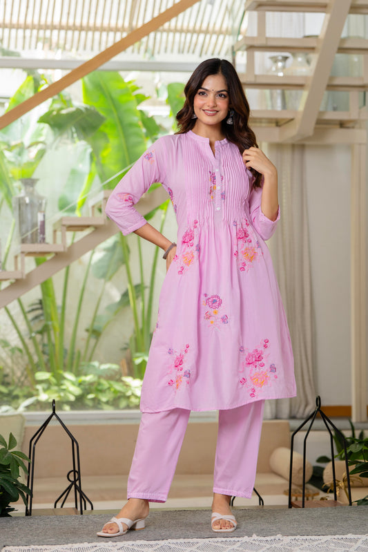 Pink Embroidered Printx Work Cotton Co-Ord Set