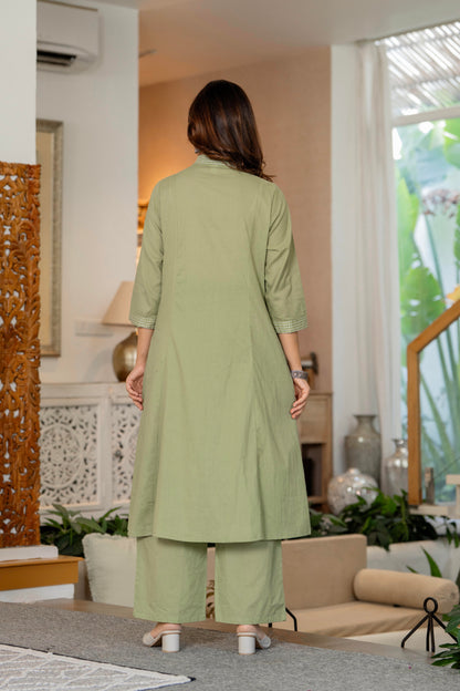 Green Embroidered Cotton Kurta and Pant Set
