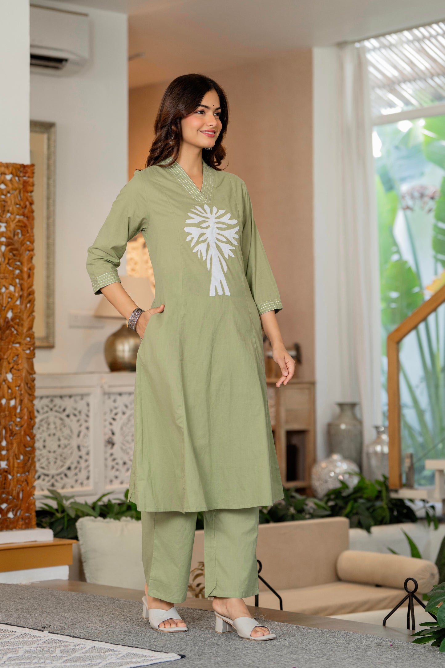 Green Embroidered Cotton Kurta and Pant Set
