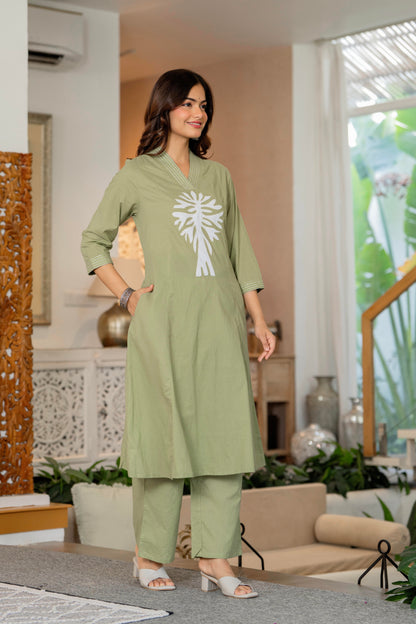 Green Embroidered Cotton Kurta and Pant Set