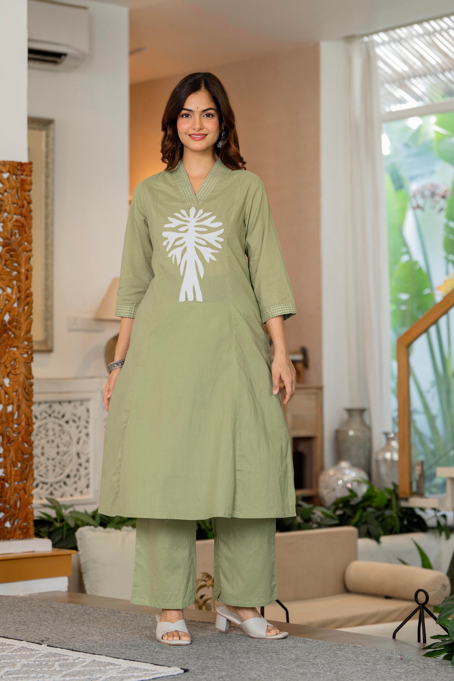 Green Embroidered Cotton Kurta and Pant Set