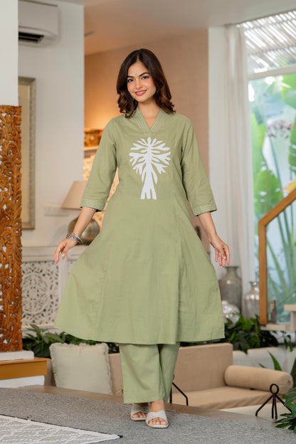 Green Embroidered Cotton Kurta and Pant Set