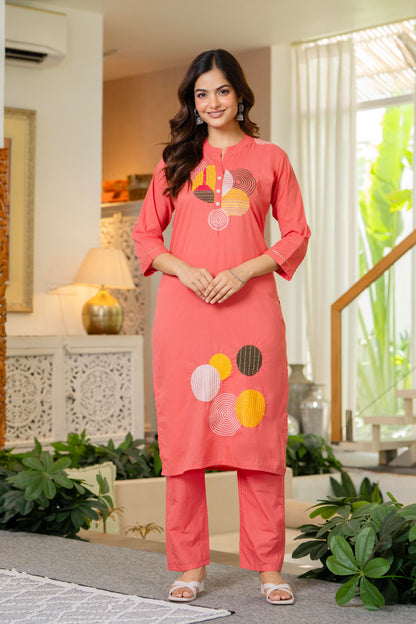 Peach Embroidered Cotton Kurta and Pant Set