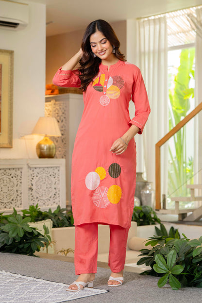 Peach Embroidered Cotton Kurta and Pant Set
