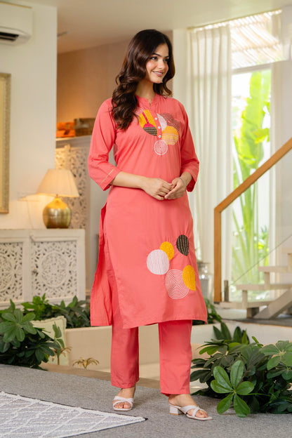 Peach Embroidered Cotton Kurta and Pant Set