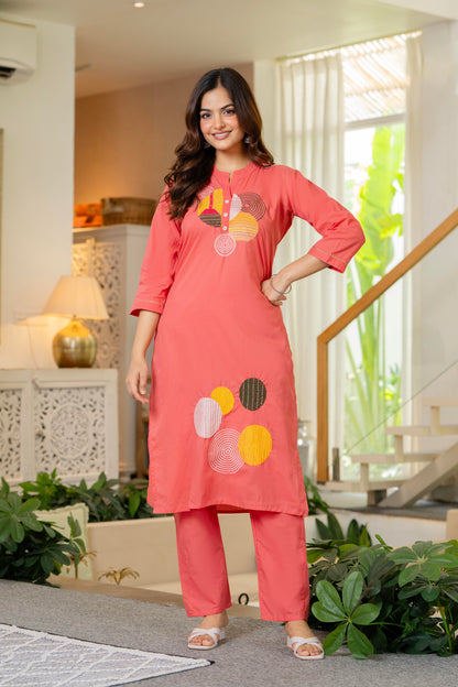 Peach Embroidered Cotton Kurta and Pant Set