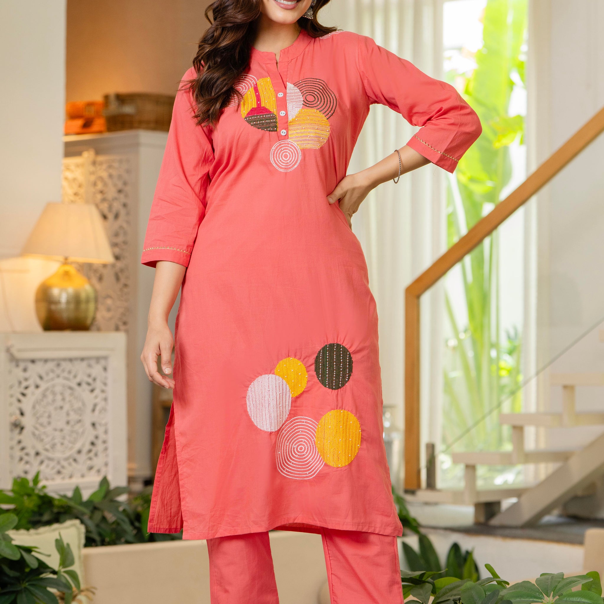 Peach Embroidered Cotton Kurta and Pant Set
