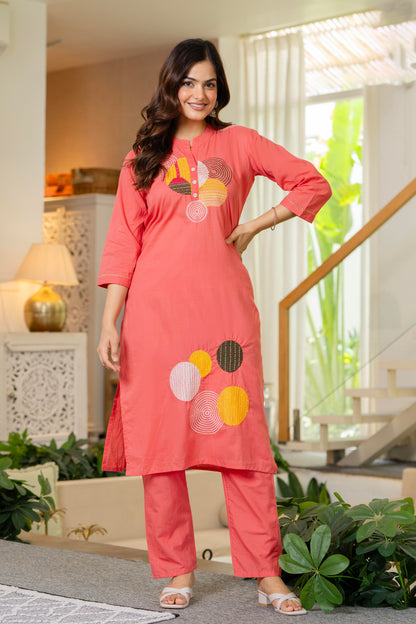Peach Embroidered Cotton Kurta and Pant Set