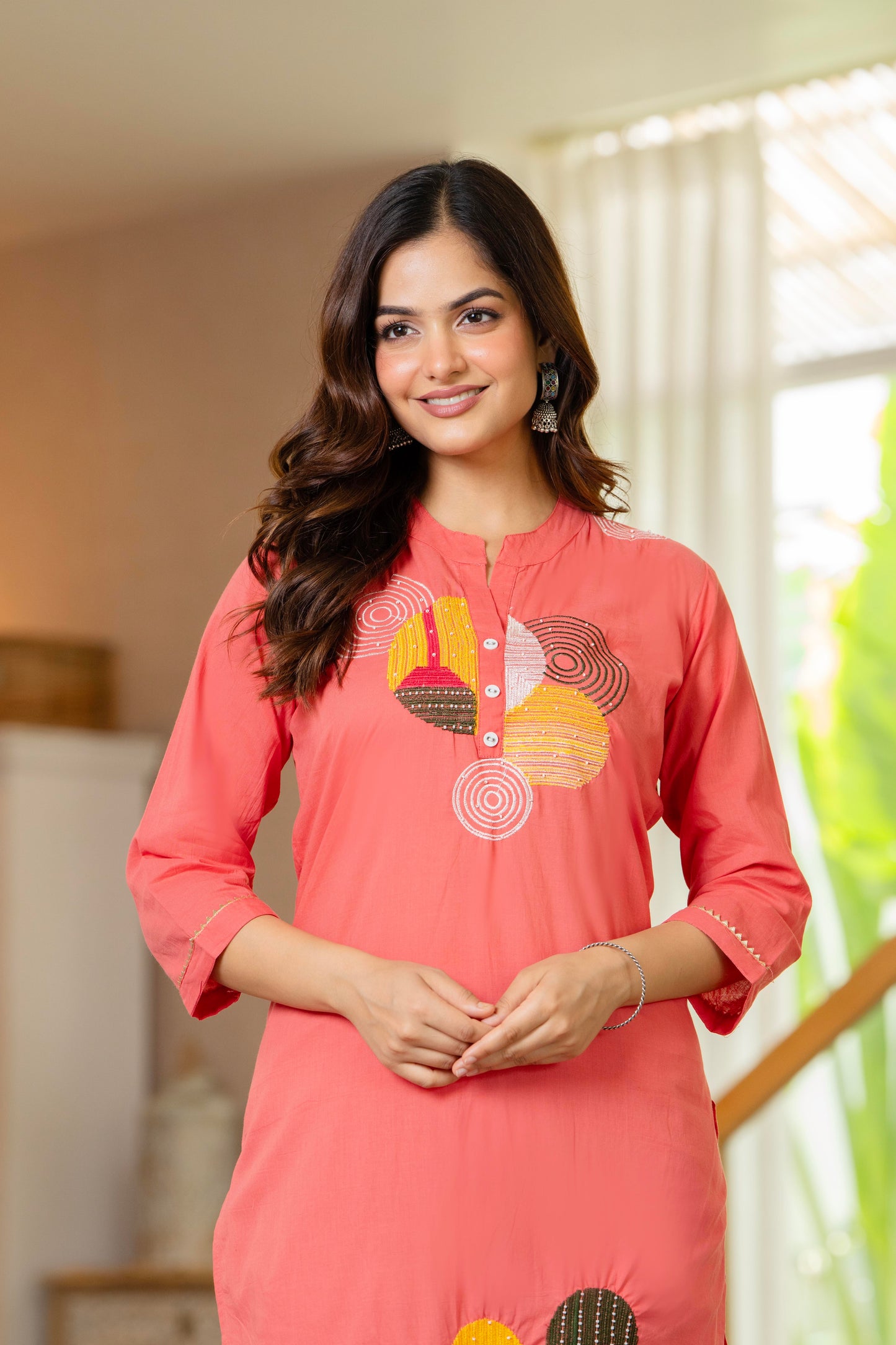 Peach Embroidered Cotton Kurta and Pant Set