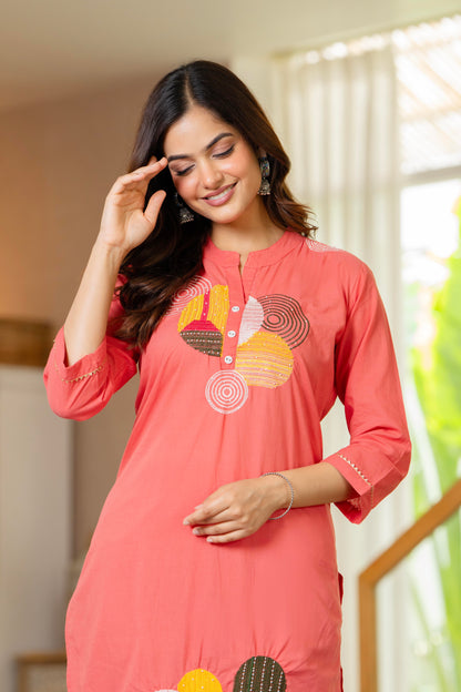 Peach Embroidered Cotton Kurta and Pant Set