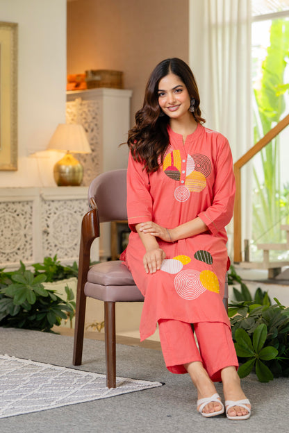 Peach Embroidered Cotton Kurta and Pant Set