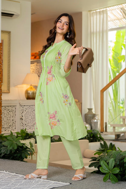 Green Embroidered Printx Work Cotton Co-Ord Set