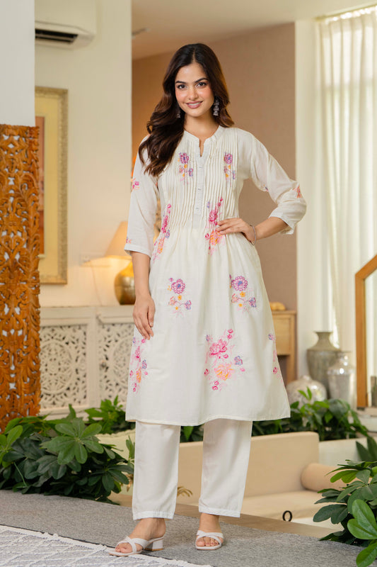 Off White Embroidered Printx Work Cotton Co-Ord Set