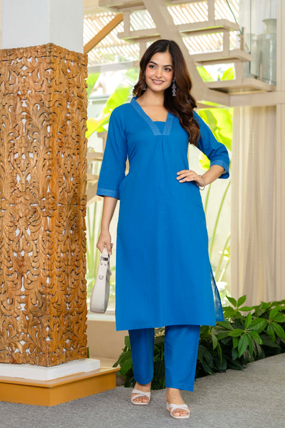 Blue Cotton Slub Kurta and Pant Set