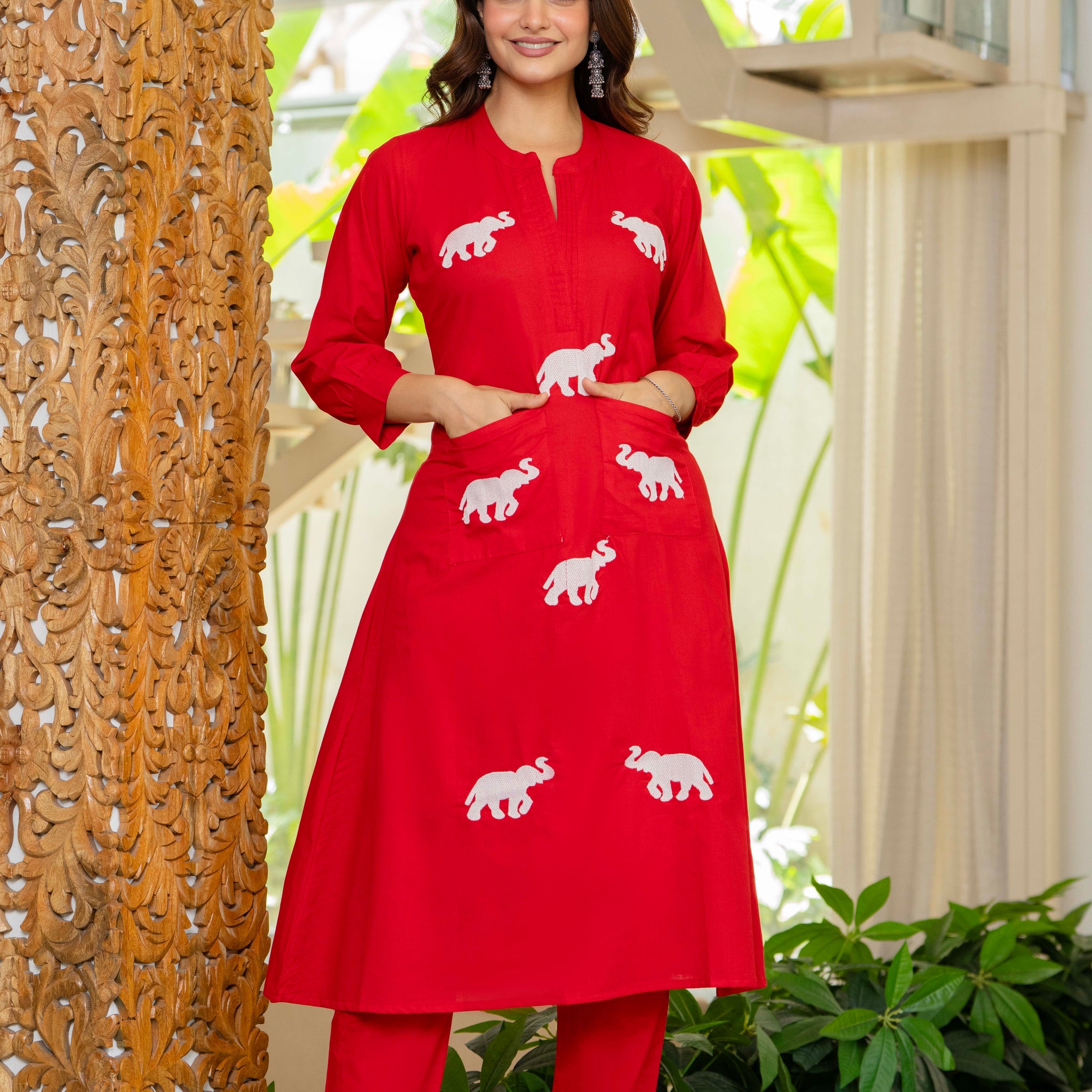 Red Embroidered Cotton Co-Ord Set