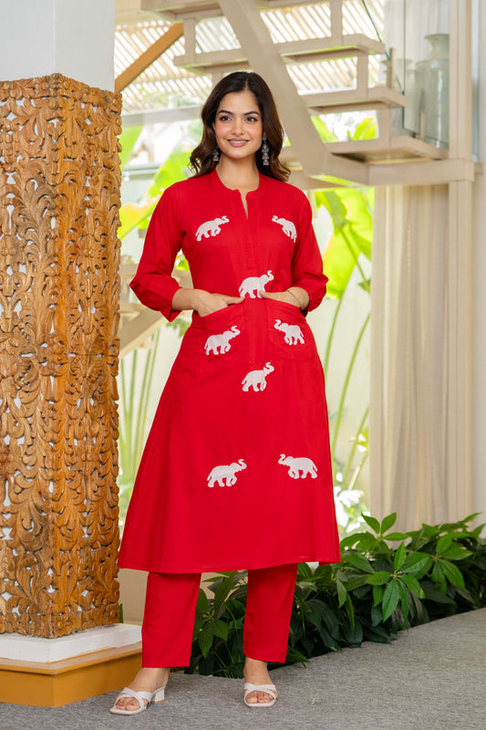 Red Embroidered Cotton Co-Ord Set
