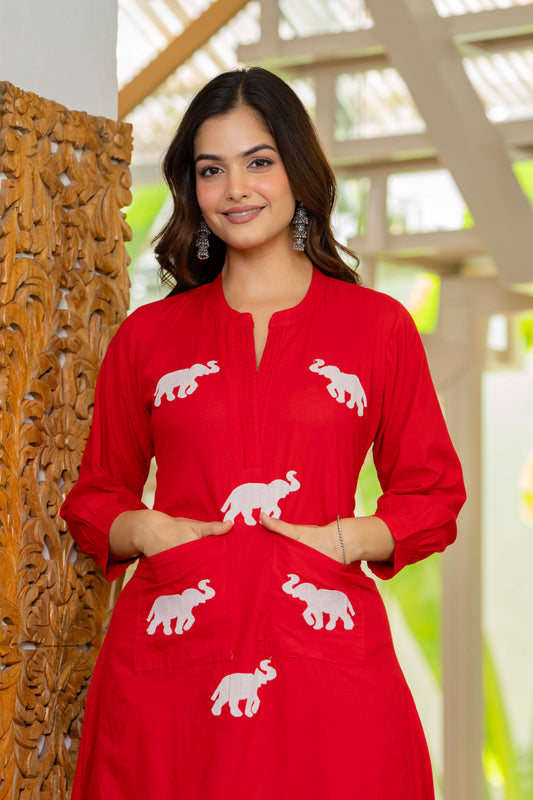 Red Embroidered Cotton Co-Ord Set