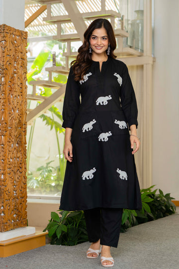 Black Embroidered Cotton Co-Ord Set