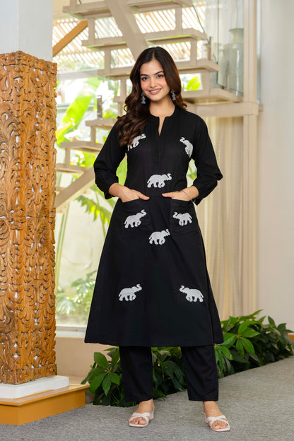 Black Embroidered Cotton Co-Ord Set