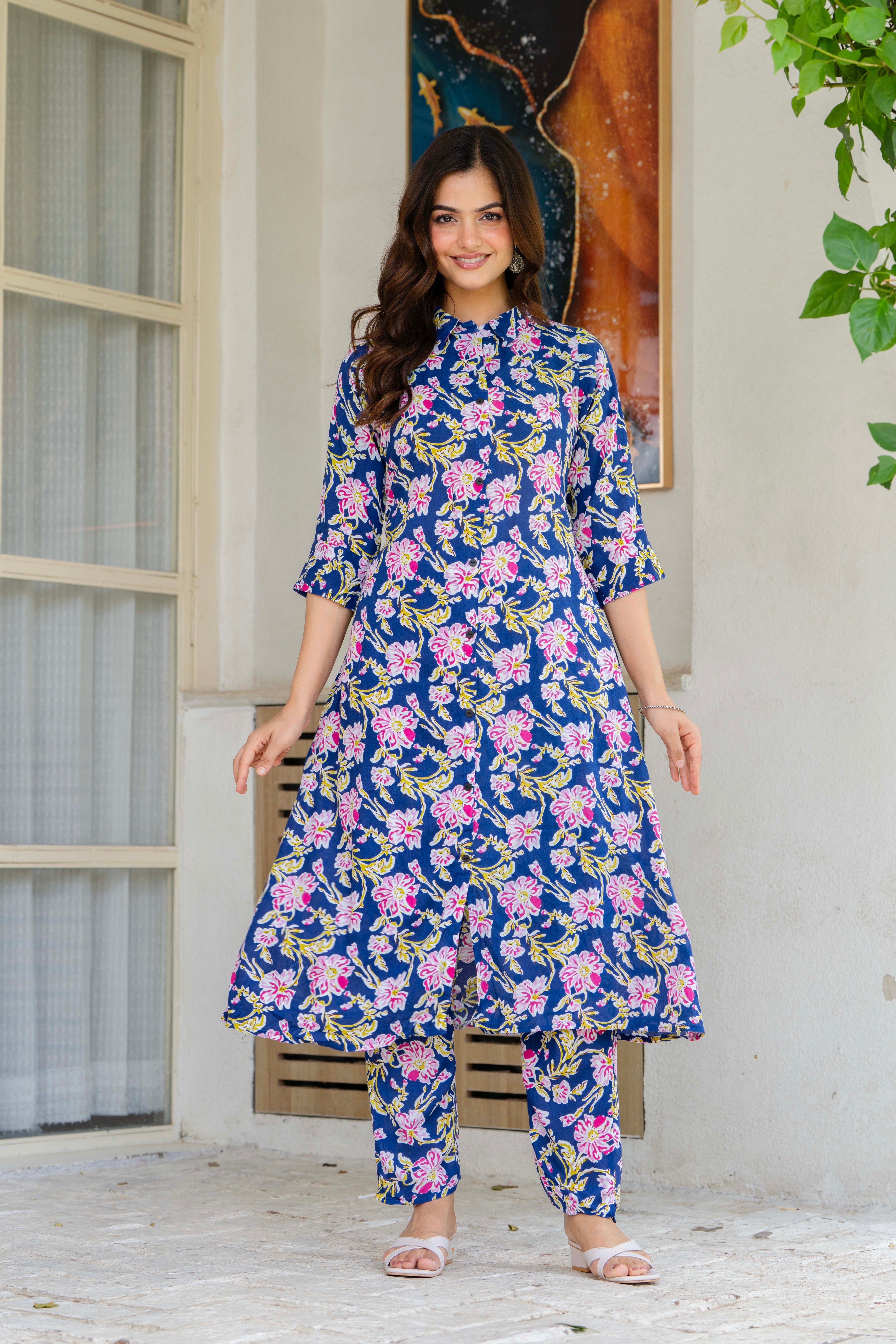 Blue Floral Printed Rayon Co-Ord Set