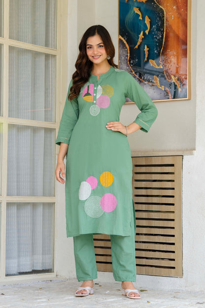 Shadow Green Embroidered Cotton Kurta and Pant Set