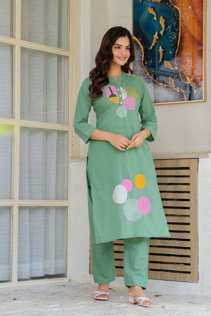 Shadow Green Embroidered Cotton Kurta and Pant Set