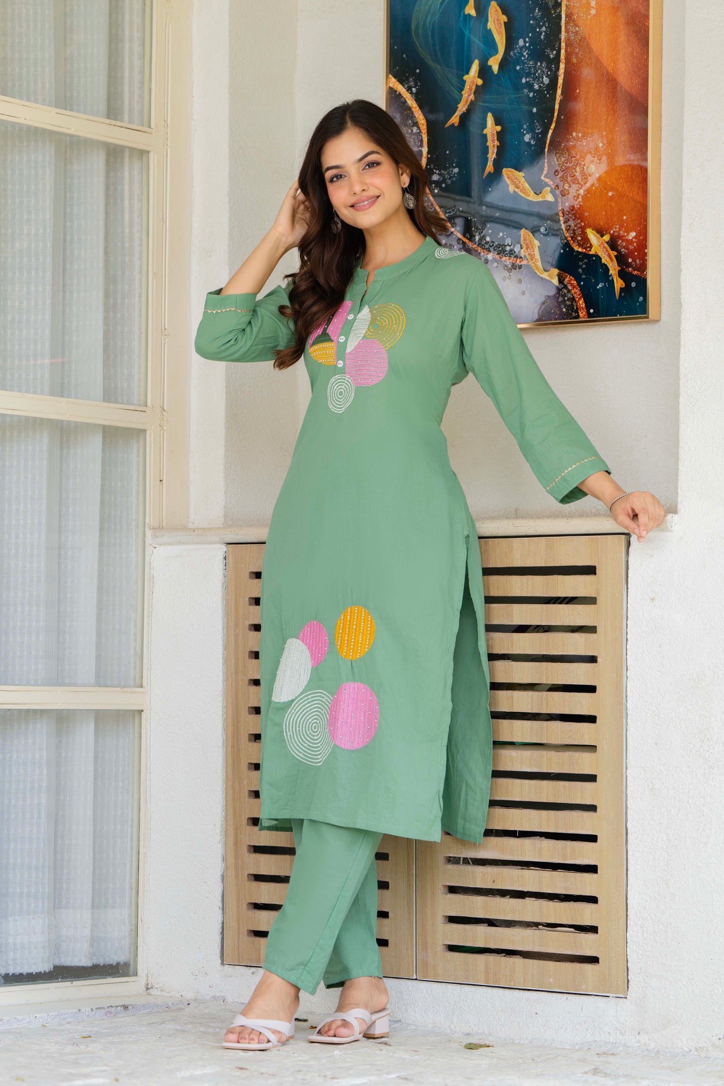 Shadow Green Embroidered Cotton Kurta and Pant Set