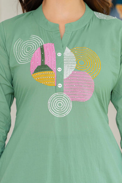 Shadow Green Embroidered Cotton Kurta and Pant Set