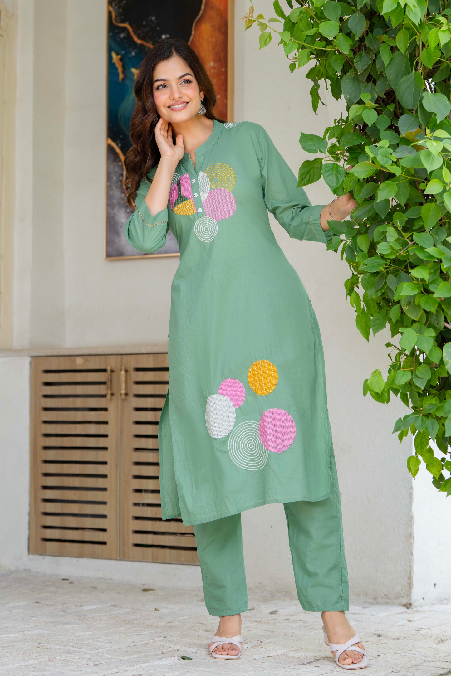 Shadow Green Embroidered Cotton Kurta and Pant Set