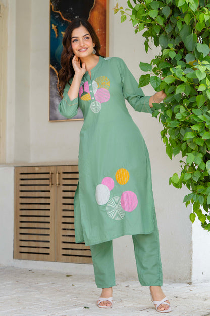 Shadow Green Embroidered Cotton Kurta and Pant Set