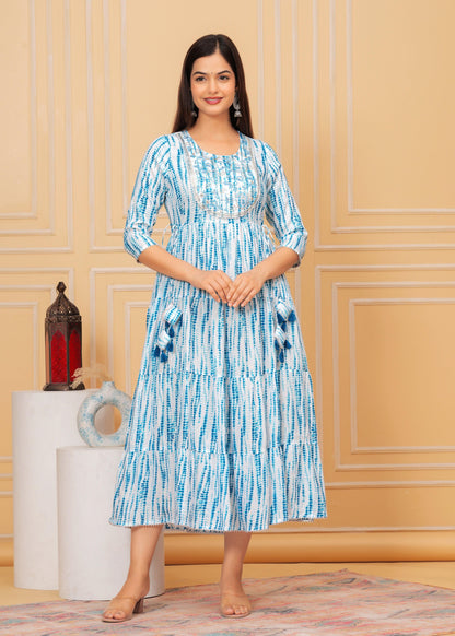Blue White Tie-Dye Rayon Anarkali Gown