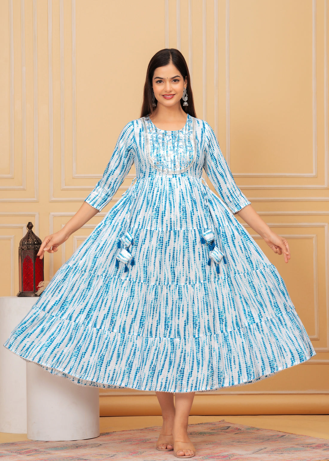 Blue White Tie-Dye Rayon Anarkali Gown