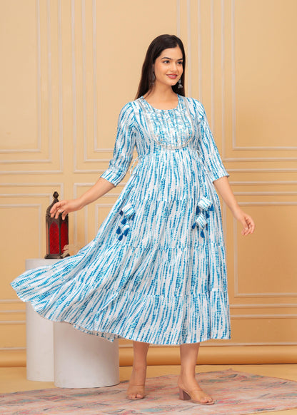 Blue White Tie-Dye Rayon Anarkali Gown