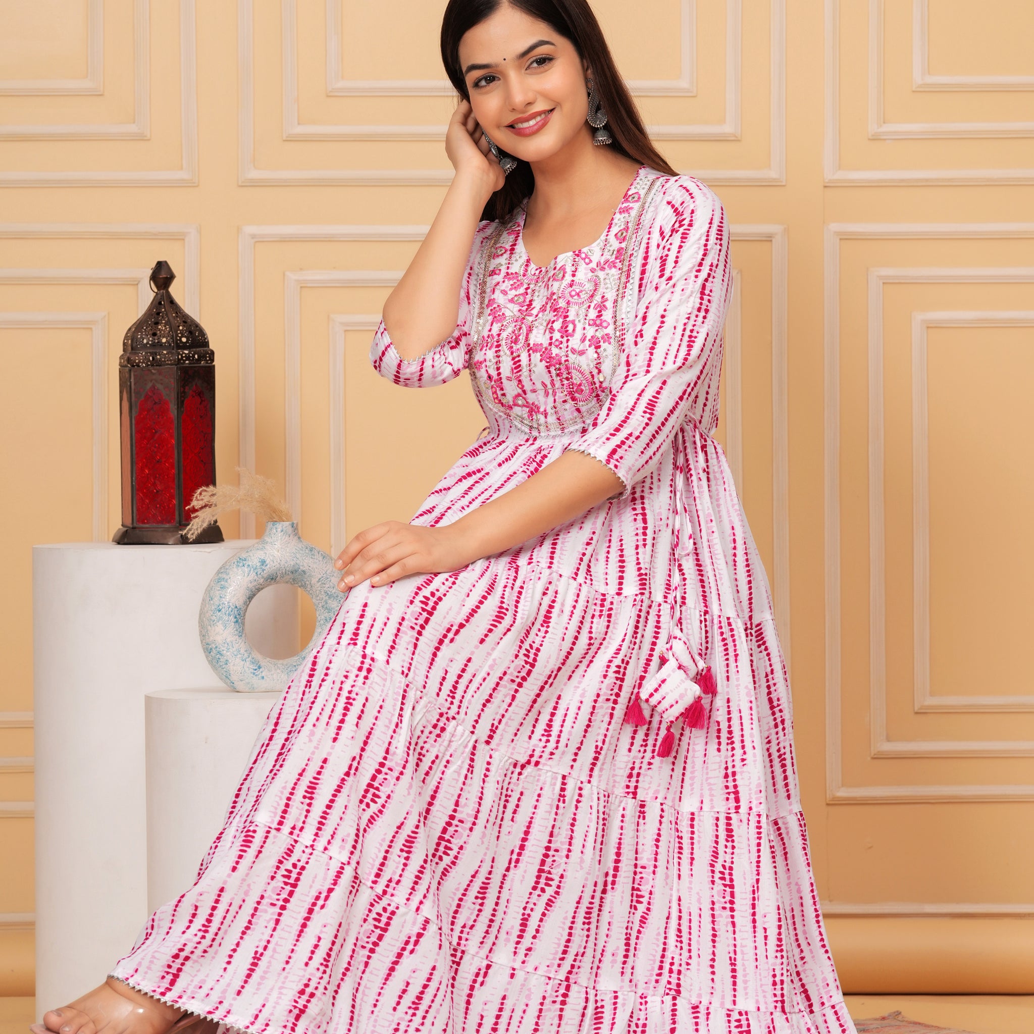 Pink White Tie-Dye Rayon Anarkali Gown