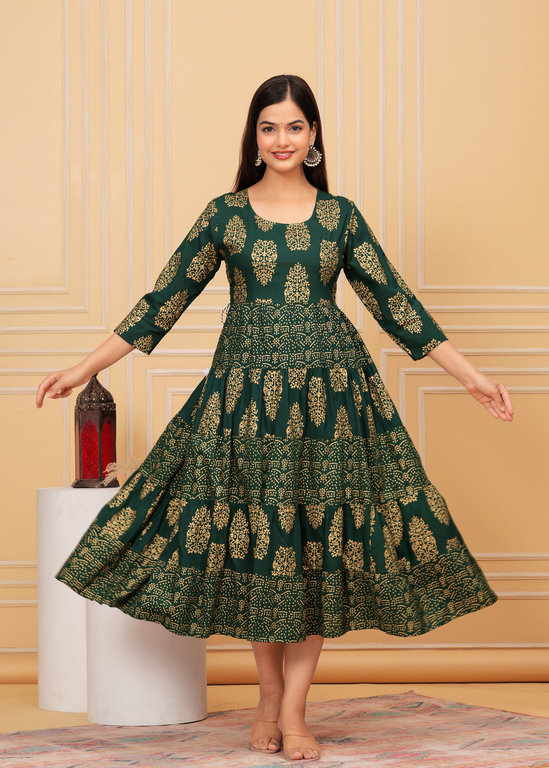 Lunar Green Gold Printed Rayon Anarkali Gown