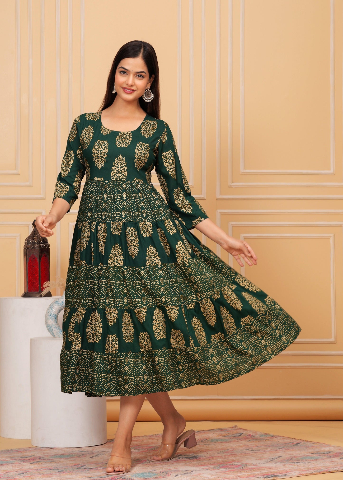 Lunar Green Gold Printed Rayon Anarkali Gown