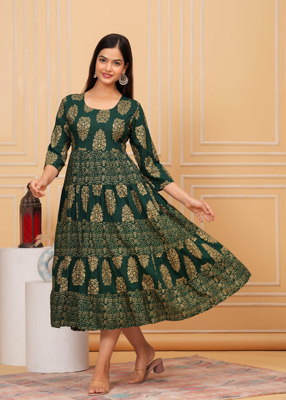 Lunar Green Gold Printed Rayon Anarkali Gown