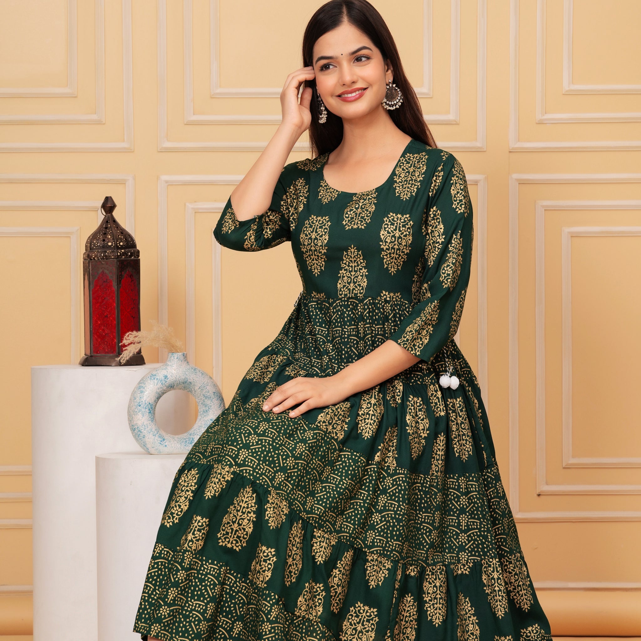 Lunar Green Gold Printed Rayon Anarkali Gown