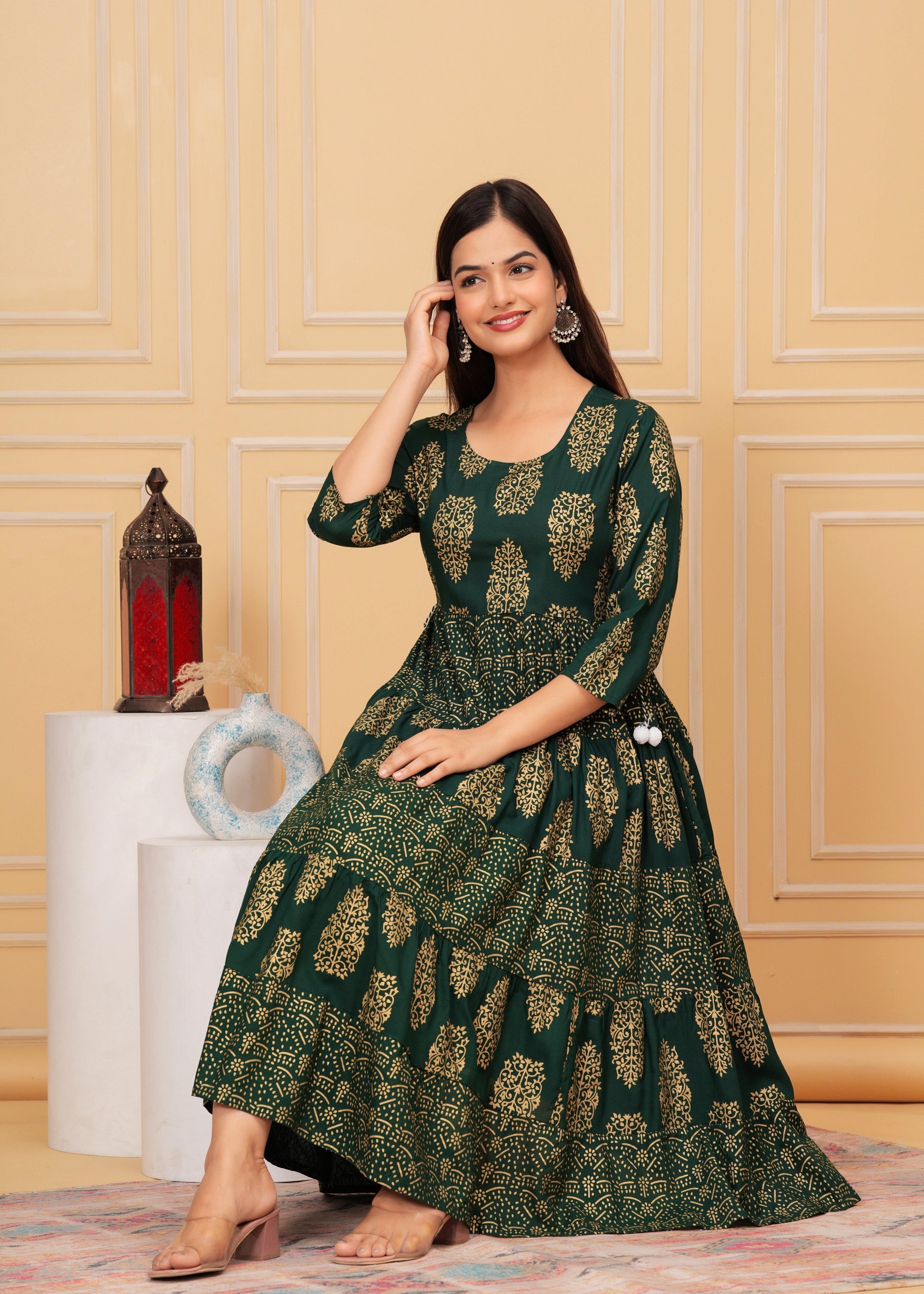 Lunar Green Gold Printed Rayon Anarkali Gown Style Jaipur Lunar Green Gold Printed Rayon Anarkali Gown Style Jaipur