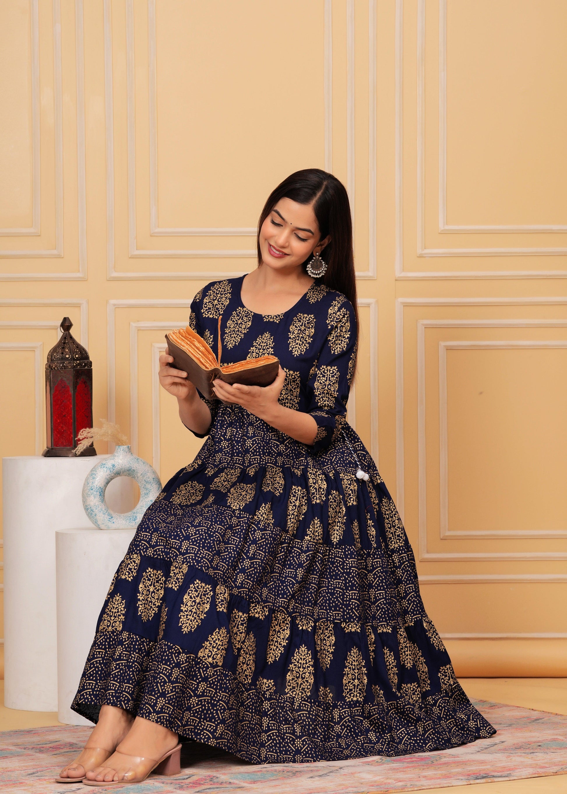Dark Blue Gold Printed Rayon Anarkali Gown Style Jaipur Dark Blue Gold Printed Rayon Anarkali Gown Style Jaipur