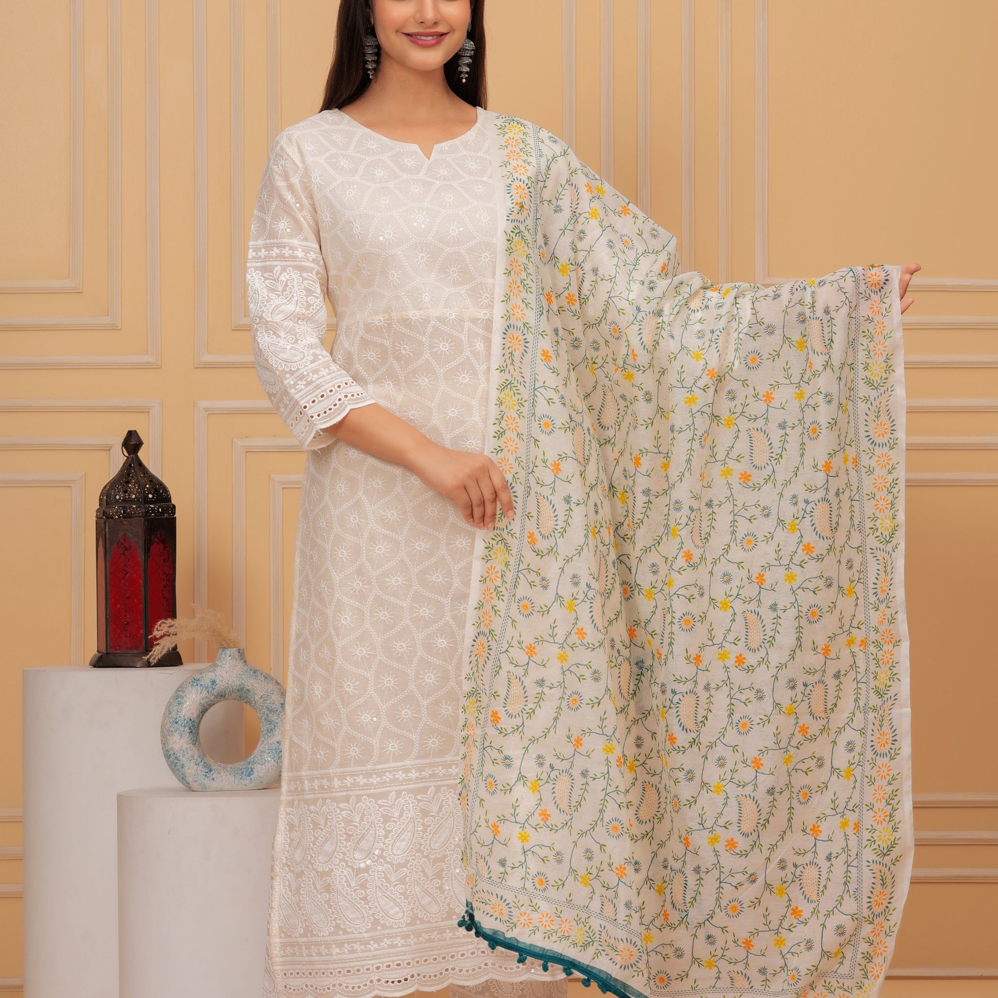 Chikankari Off White Suit Set With Printed Chanderi Dupatta