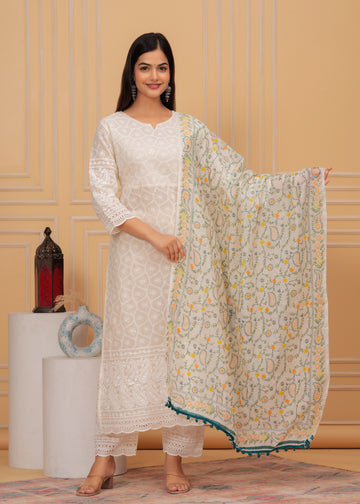 Chikankari Off White Suit Set With Printed Chanderi Dupatta